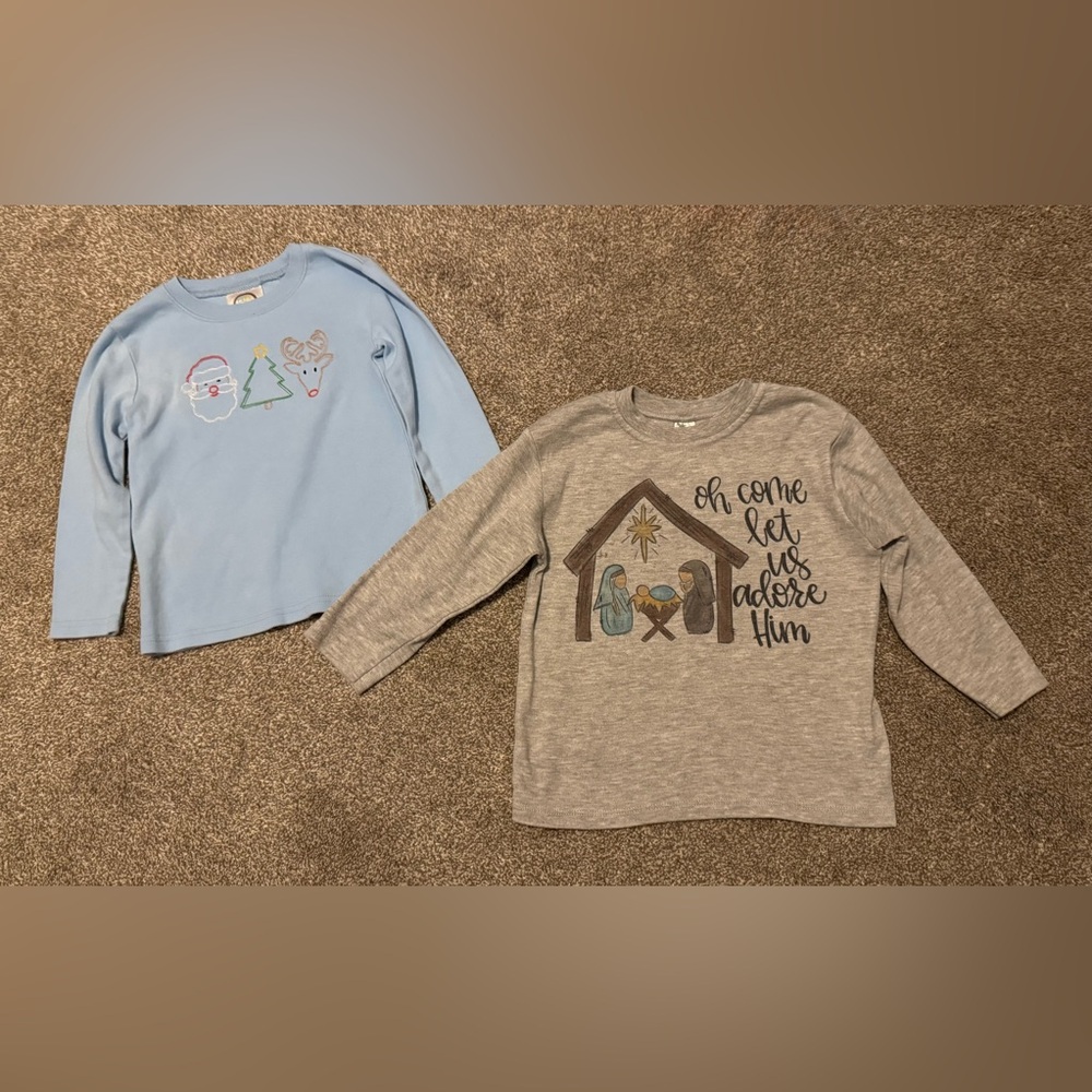 Set of 2 Christmas Long sleeve t shirts Toddler Boy Girl 4T Nativity Santa Tree